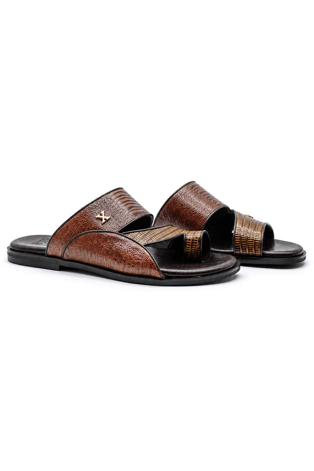 Men's Brown Handmade Real Leather Polished Printed Toe Loop Sandals