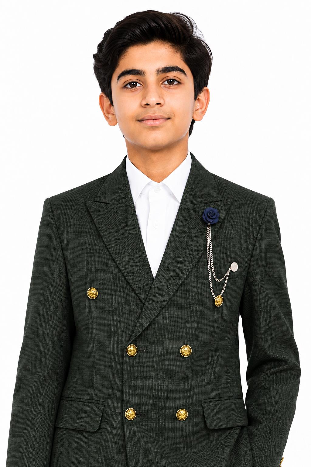 Boys Finley Olive Green Check Double Breasted 2 Piece Suit with Gold Buttons