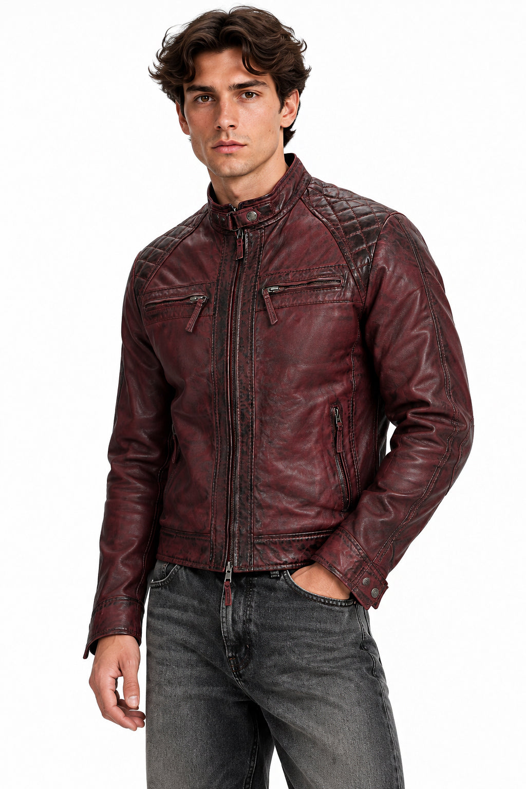 Mens Real Leather Antiqued Wash Wine Maroon Vintage Slim Fit Biker Style Jacket