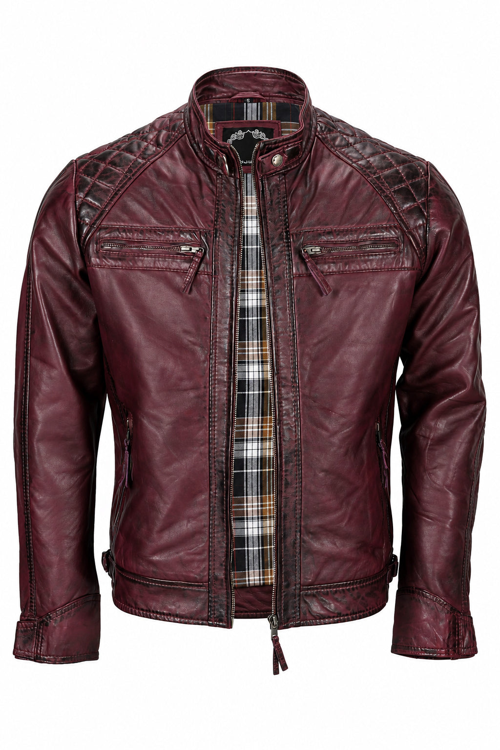 Mens Real Leather Antiqued Wash Wine Maroon Vintage Slim Fit Biker Style Jacket