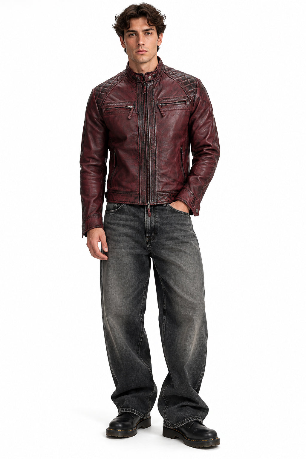 Mens Real Leather Antiqued Wash Wine Maroon Vintage Slim Fit Biker Style Jacket