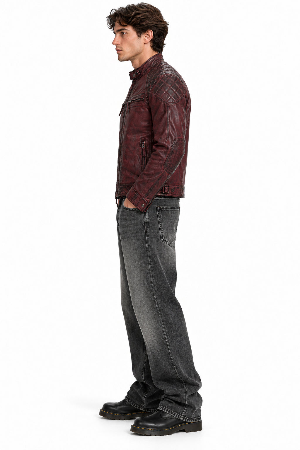 Mens Real Leather Antiqued Wash Wine Maroon Vintage Slim Fit Biker Style Jacket