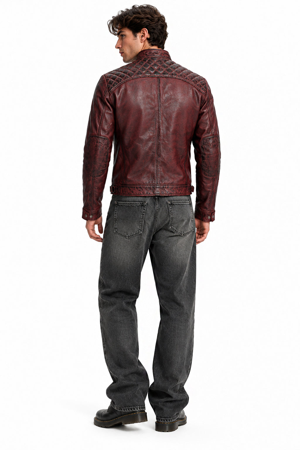 Mens Real Leather Antiqued Wash Wine Maroon Vintage Slim Fit Biker Style Jacket