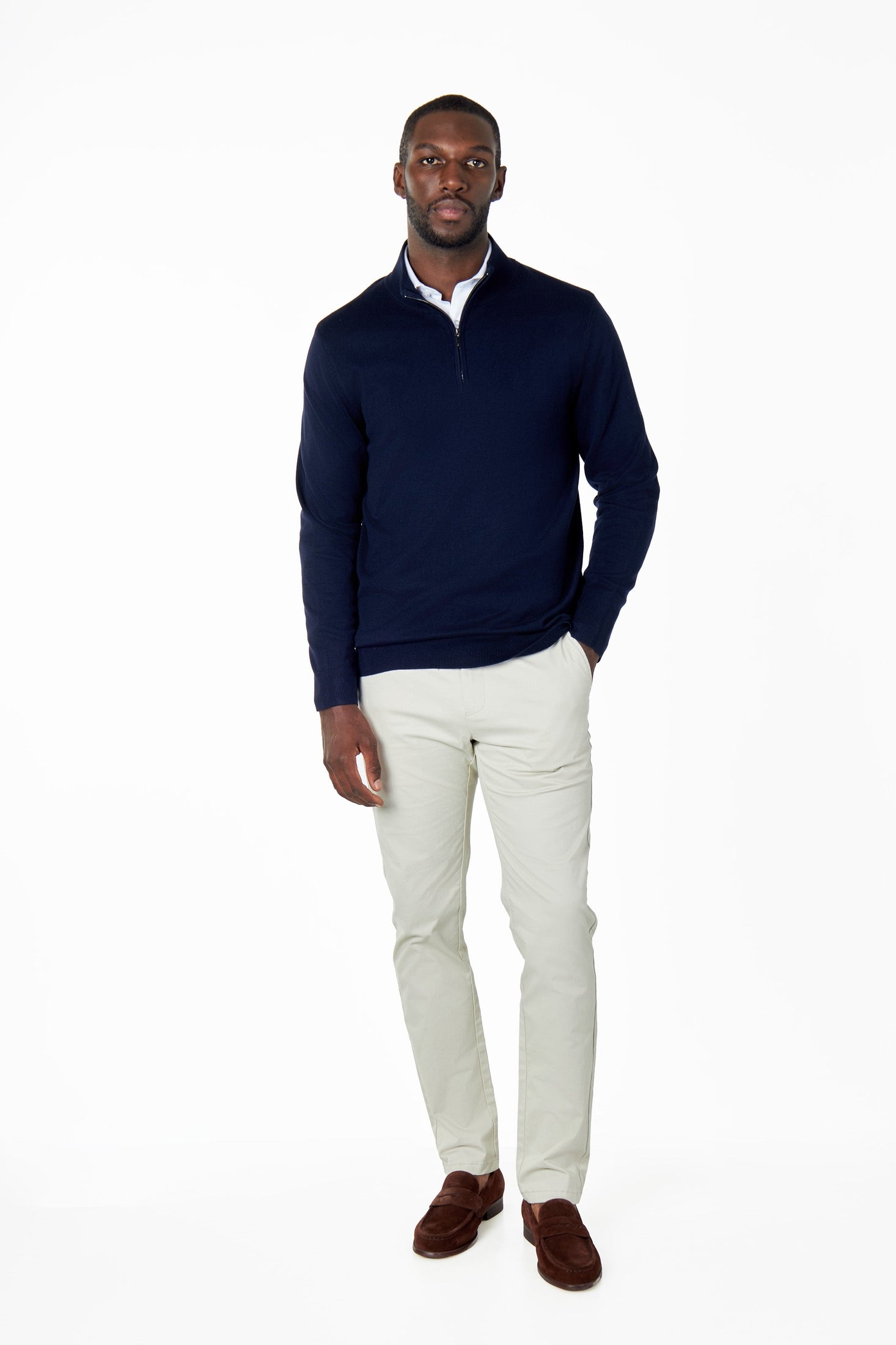 NAVY 100% COTTON KNIT ZIP NECK JUMPER