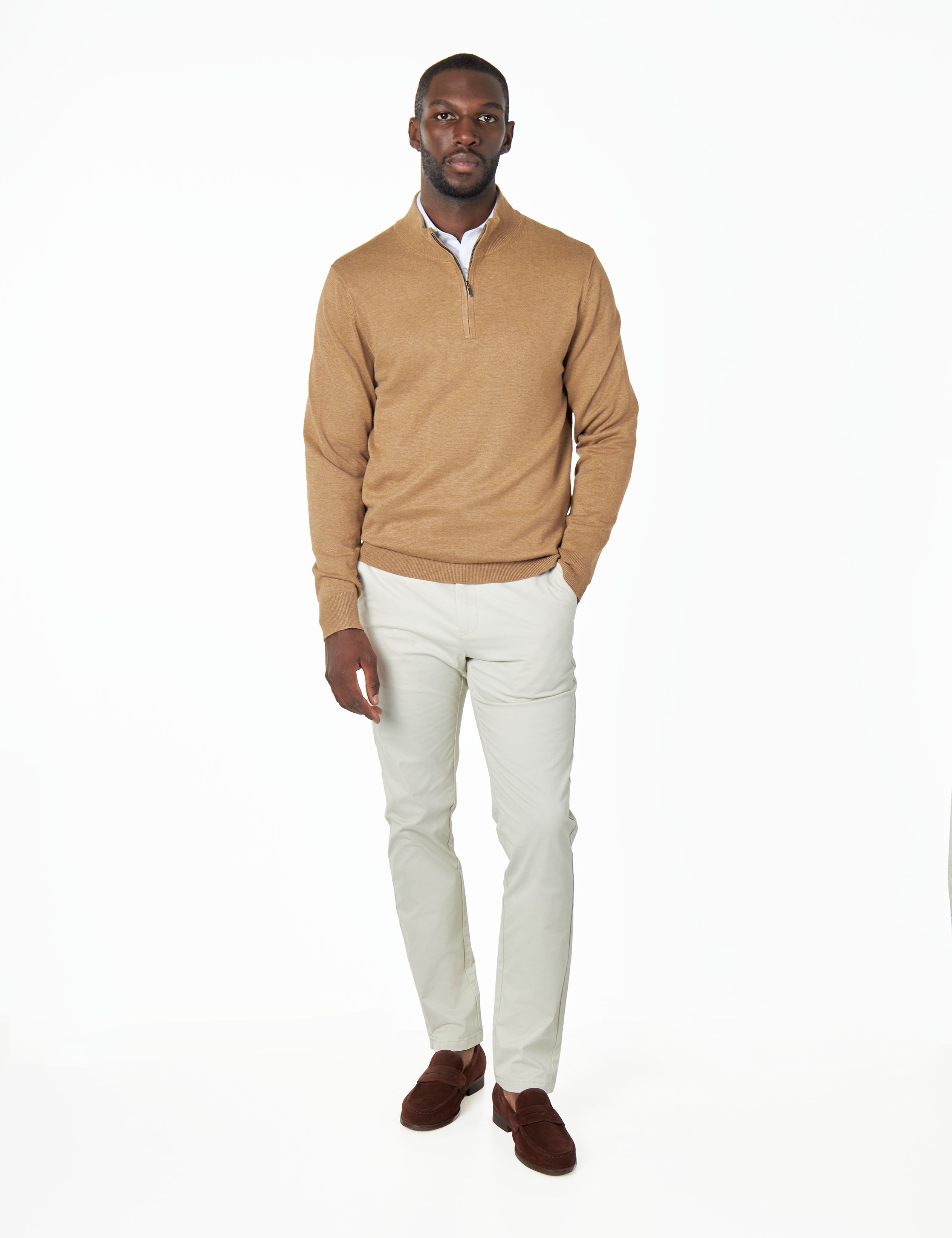 Mens Tan 100 Cotton Knit Zip Funnel Neck Jumper XPOSED