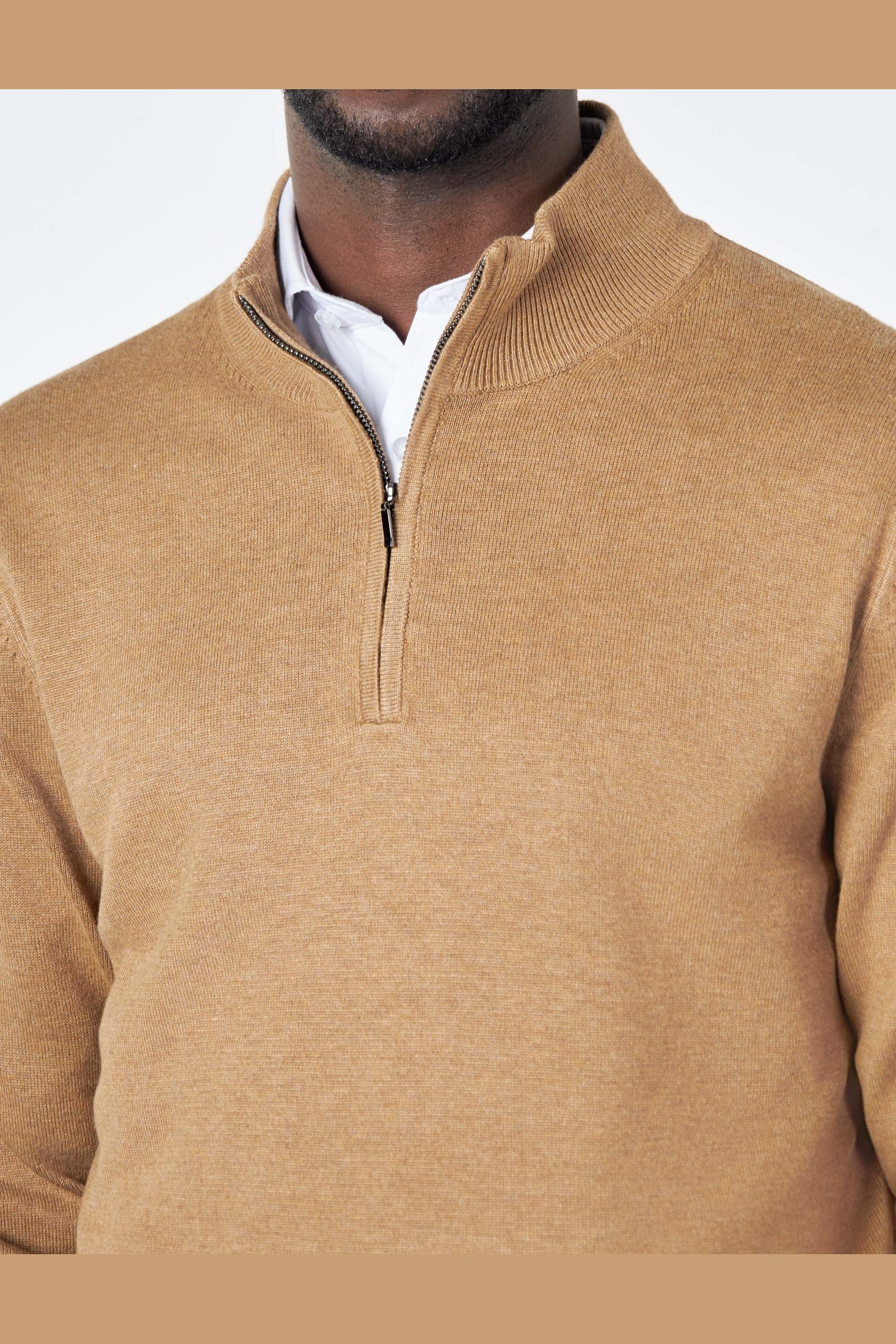 TAN 100% COTTON KNIT ZIP NECK JUMPER