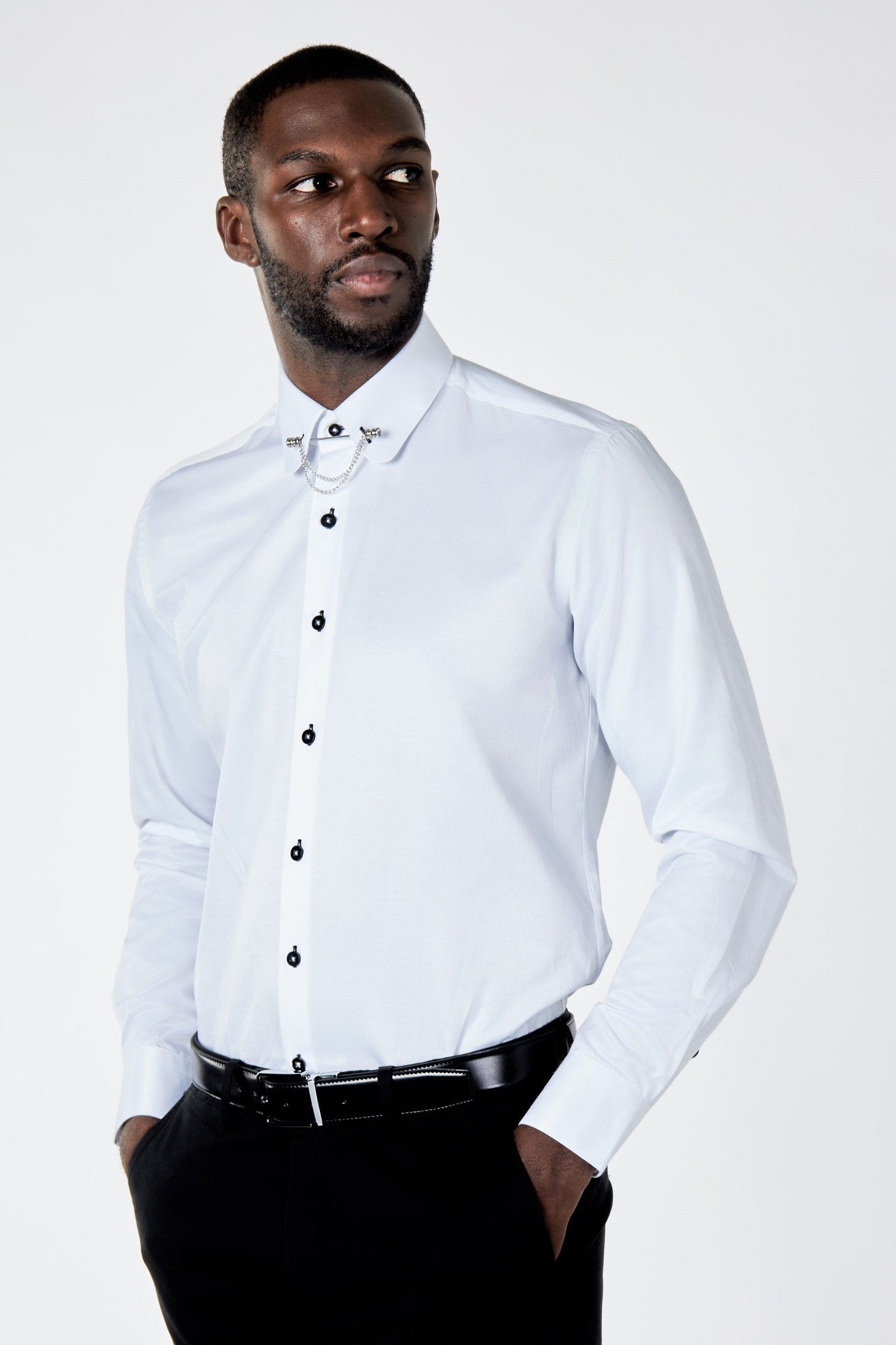 CLASSIC WHITE DRESS SHIRT PENNY COLLAR PIN BAR WITH CHAIN