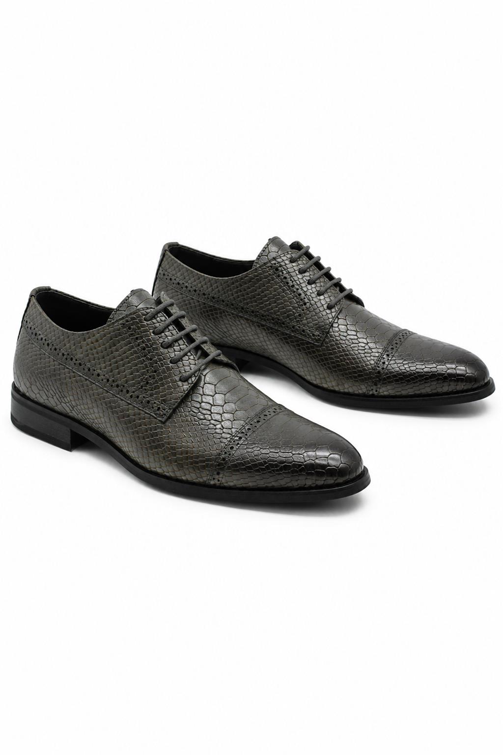 Men's Grey Embossed Faux Leather Lace up Derby Shoes