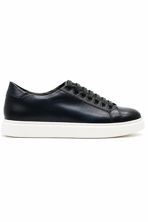 Men's Navy Real Leather Lace-Up Trainers White Sole