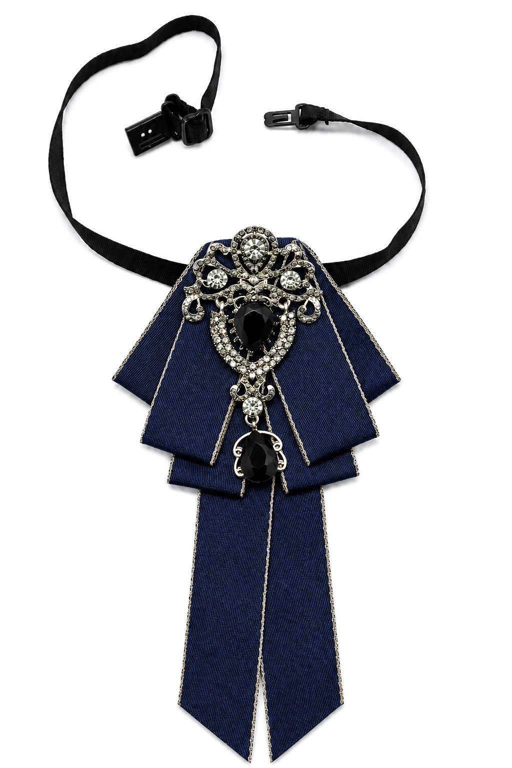 Men’s Navy Jewelled Short Ribbon Wedding Brooch Bow Tie