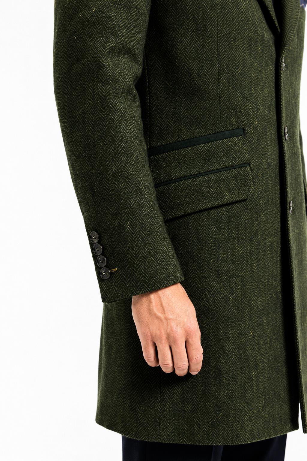 Men's Olive Green Herringbone Wool Blend Tailored Fit Overcoat