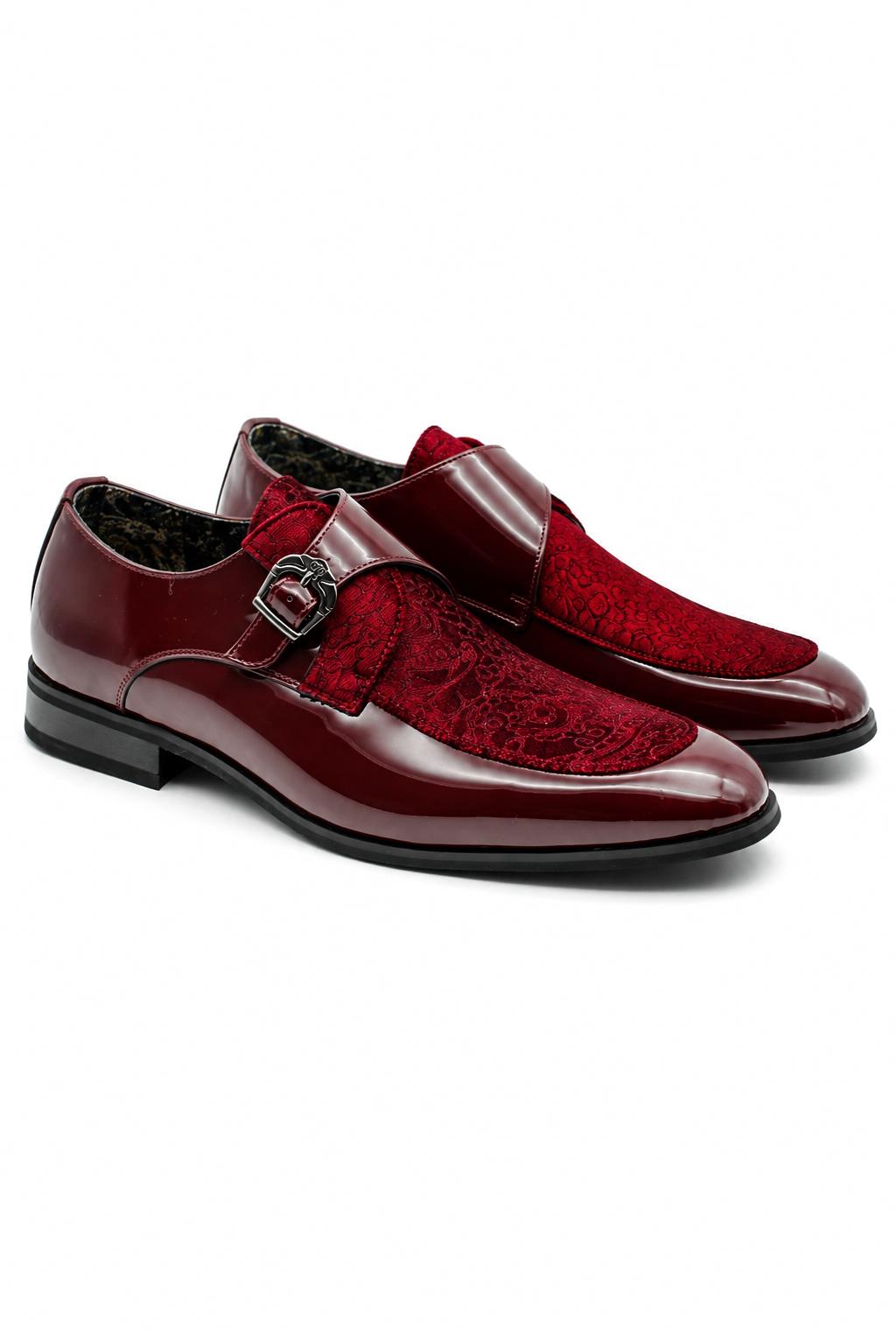 Men's Maroon Floral Velvet Monk Strap Dress Shoes