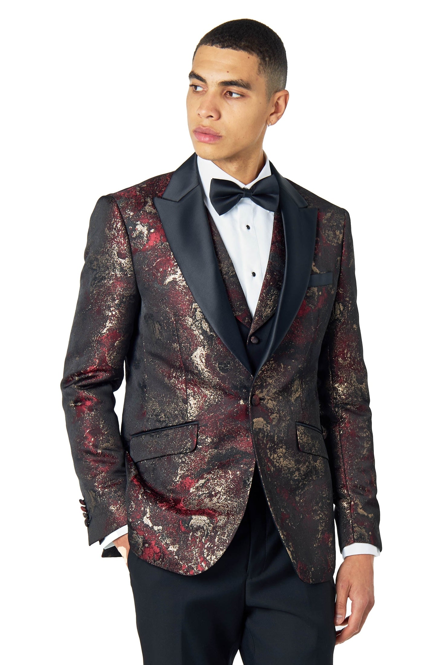 ALINO – MAROON GOLD PRINTED TUXEDO DINNER JACKET