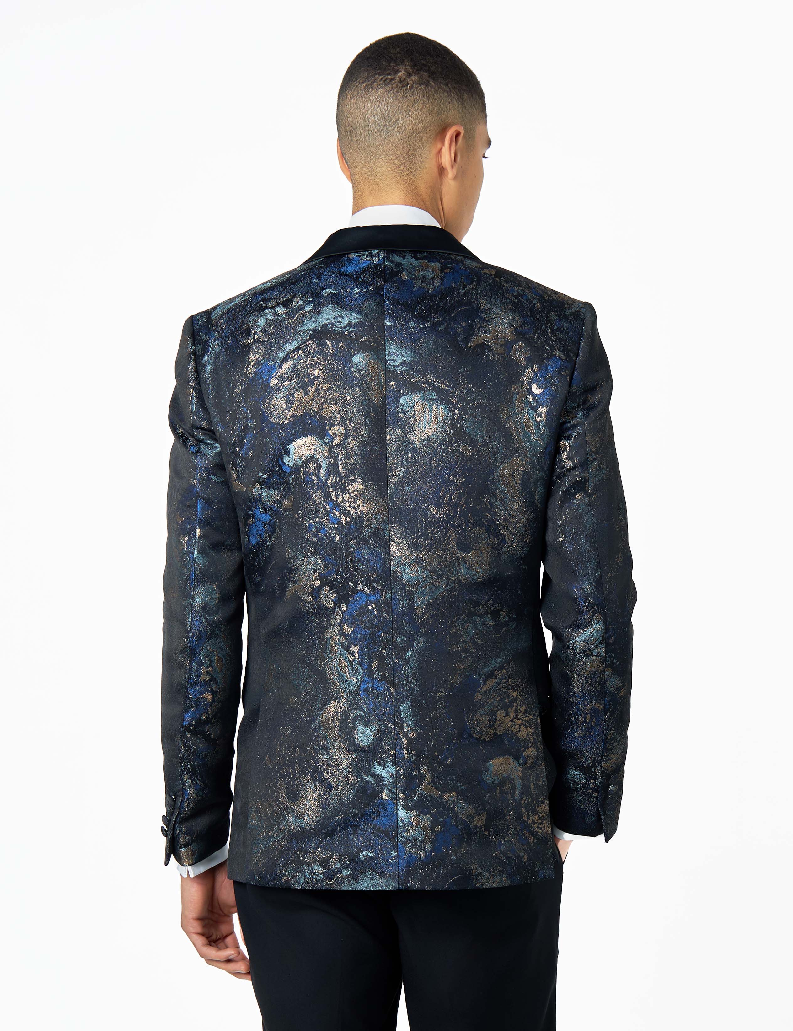 ALINO – BLACK BLUE PRINTED WEDDING TUX 3 PIECE SUIT