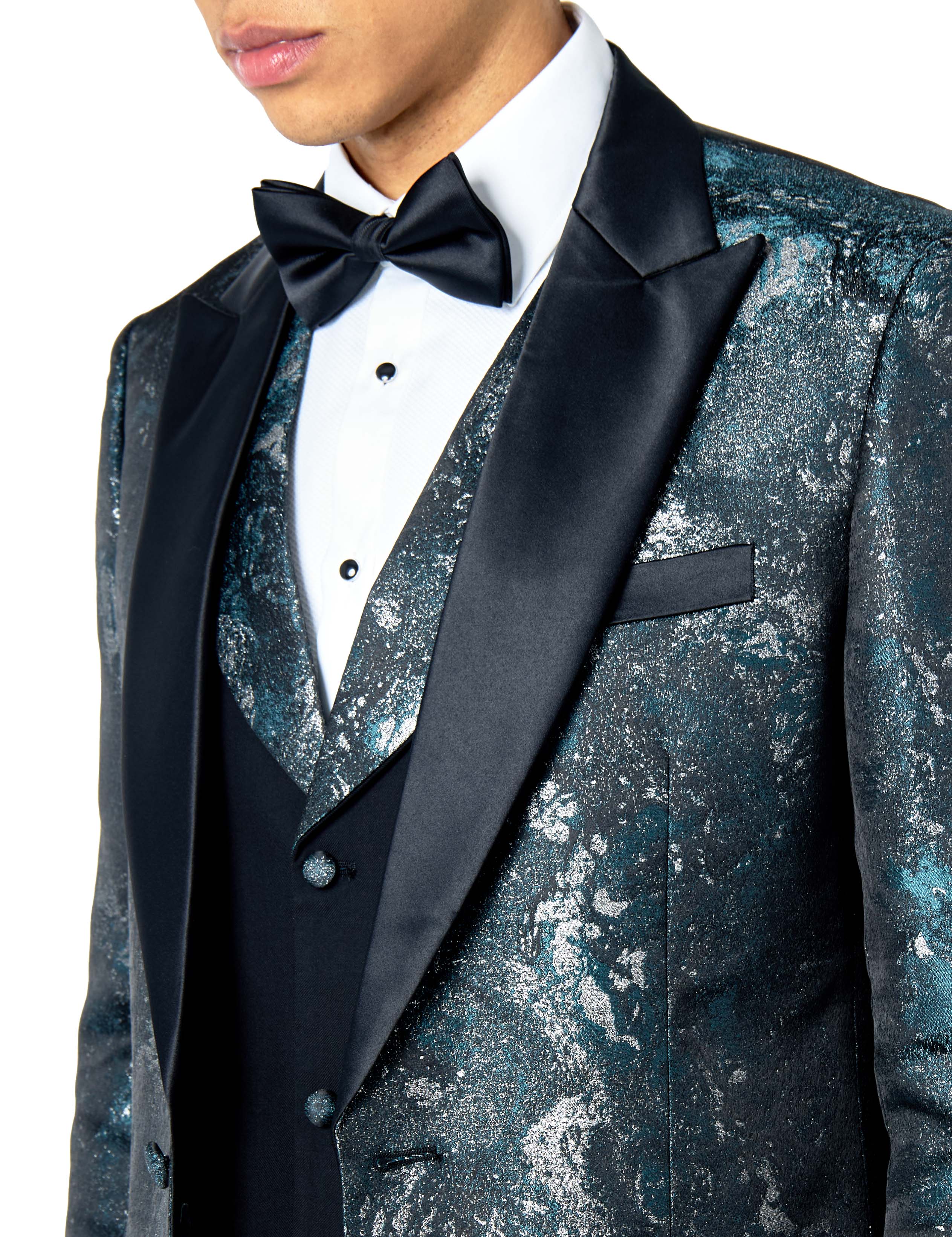 ALINO – GREEN BLACK PRINTED WEDDING PARTY TUXEDO 3 PIECE SUIT
