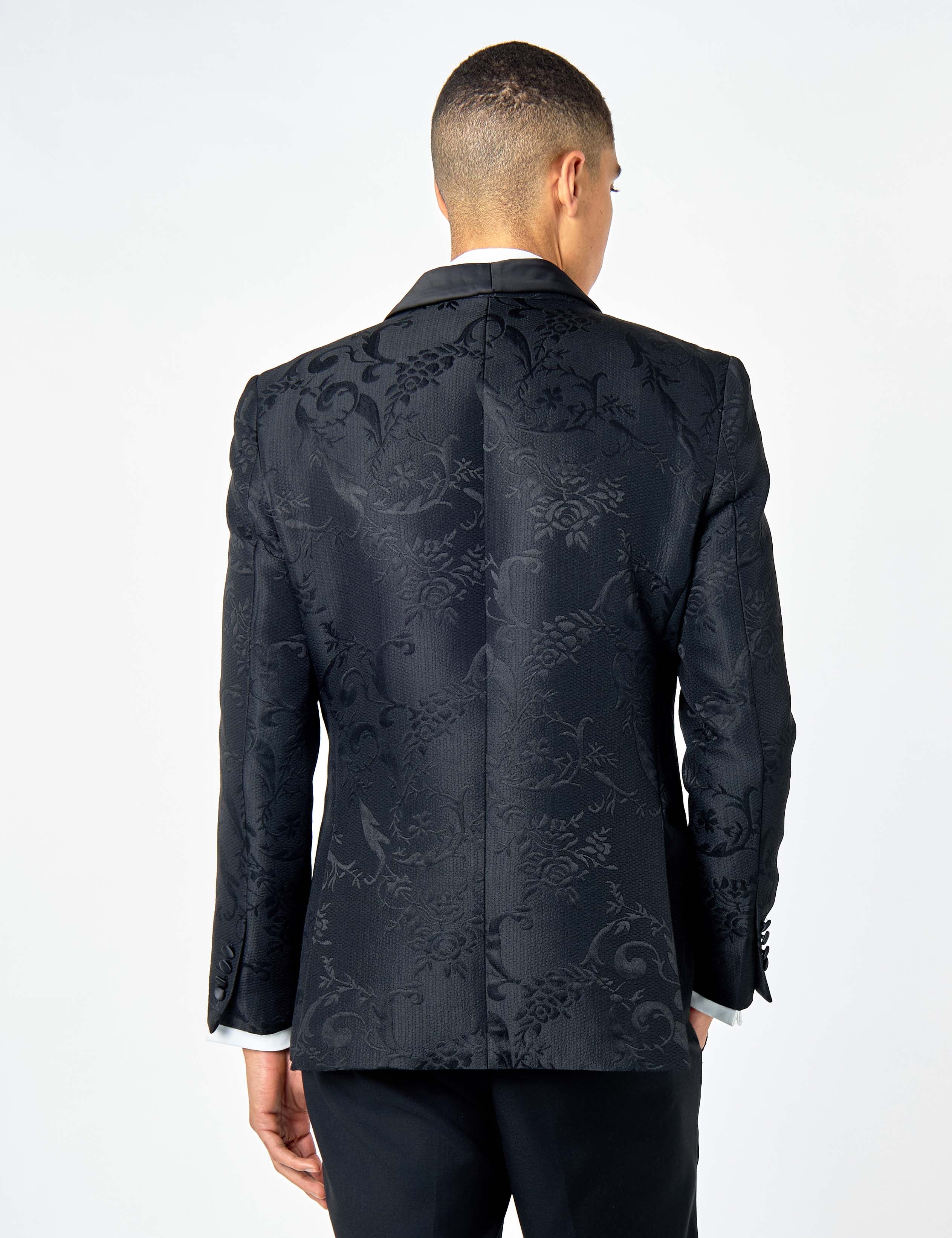 HENRY – BLACK TUXEDO SUIT JACKET DAMASK FLOCKED JACQUARD PRINTED