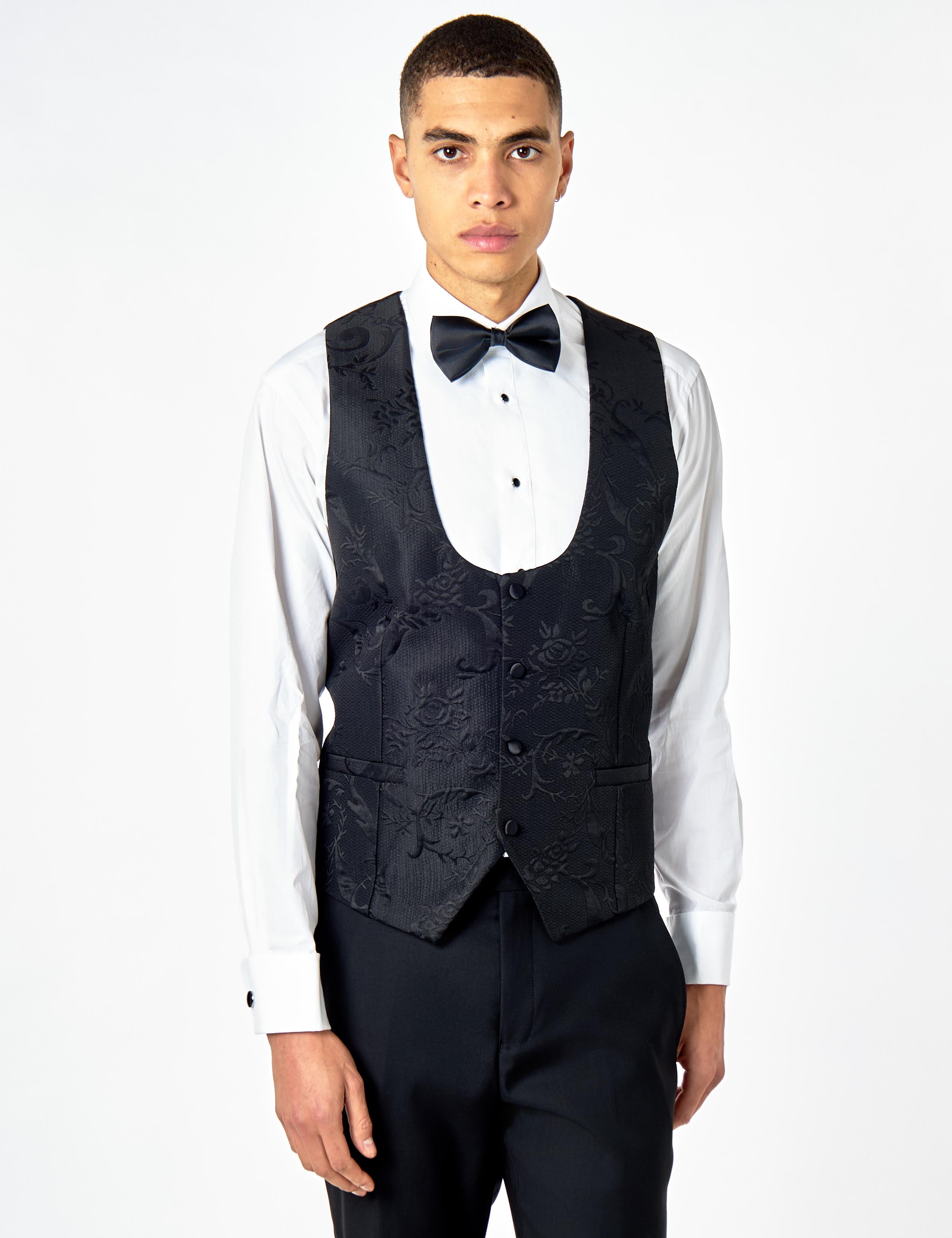 HENRY – BLACK DAMASK FLOCKED JACQUARD PRINT 3 PIECE TUXEDO SUIT
