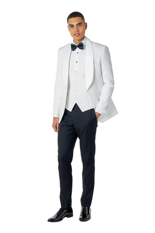 HENRY – WHITE 3 PIECE TUXEDO SUIT FLOCKED JACQUARD PRINT