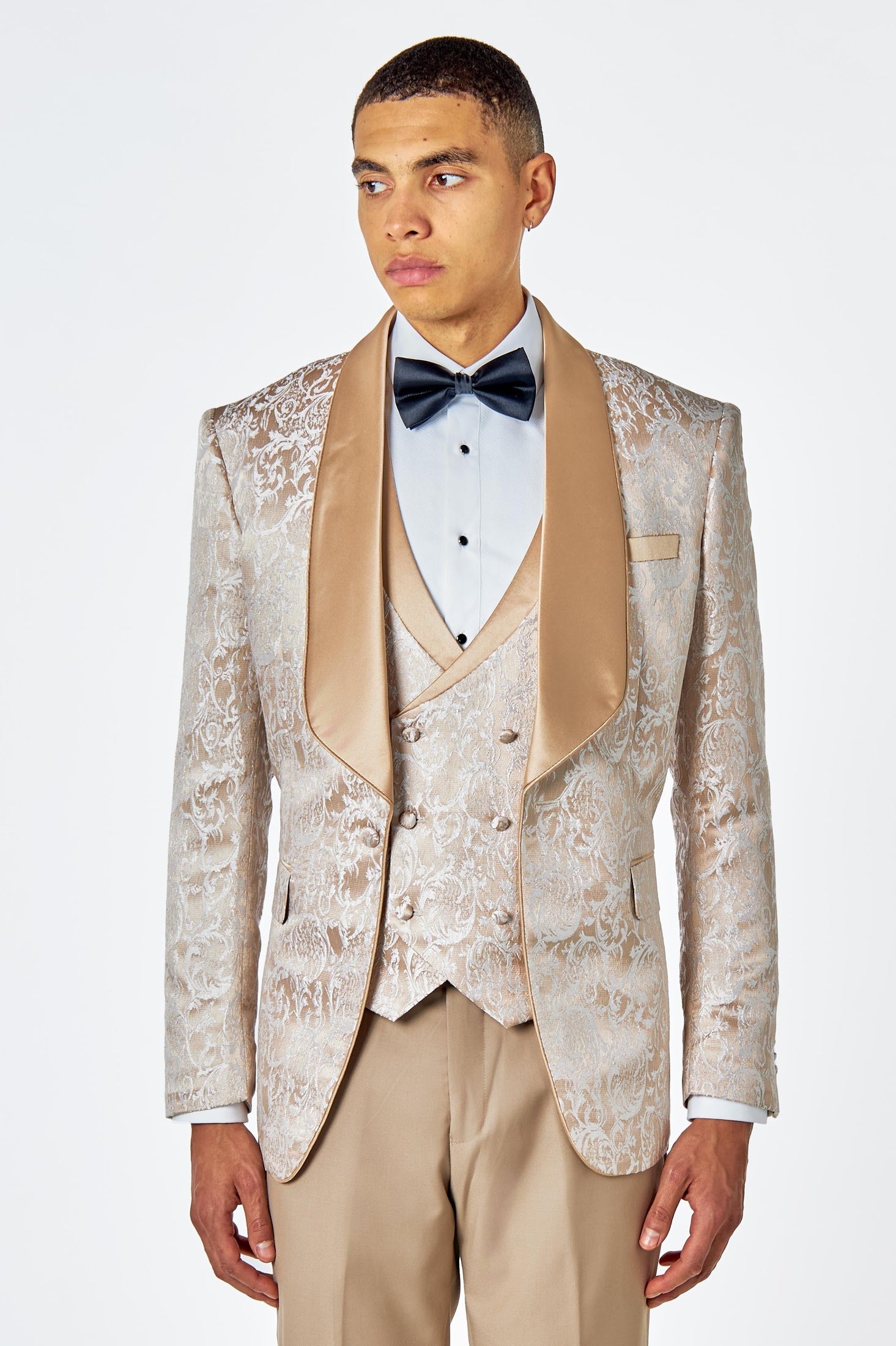 Louis - Men’s 3 Piece Wedding Gold Damask Jacquard Print Suit