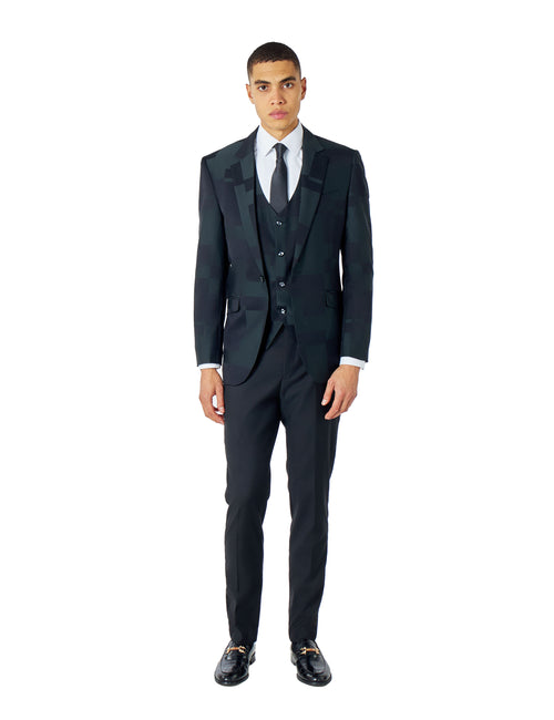 DARK GREEN GEO PATTERN DETAILED 3 PIECE SUIT