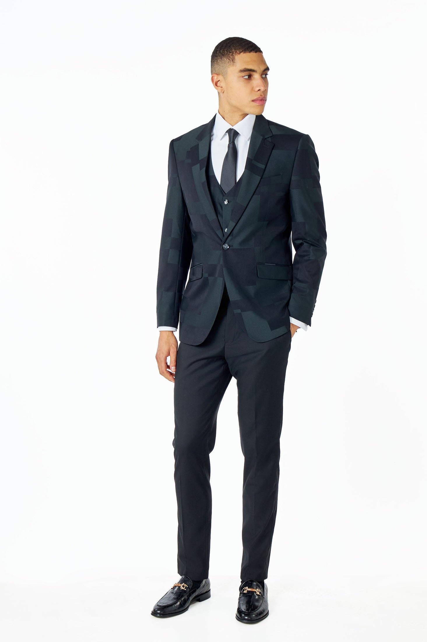 DARK GREEN GEO PATTERN DETAILED SUIT JACKET