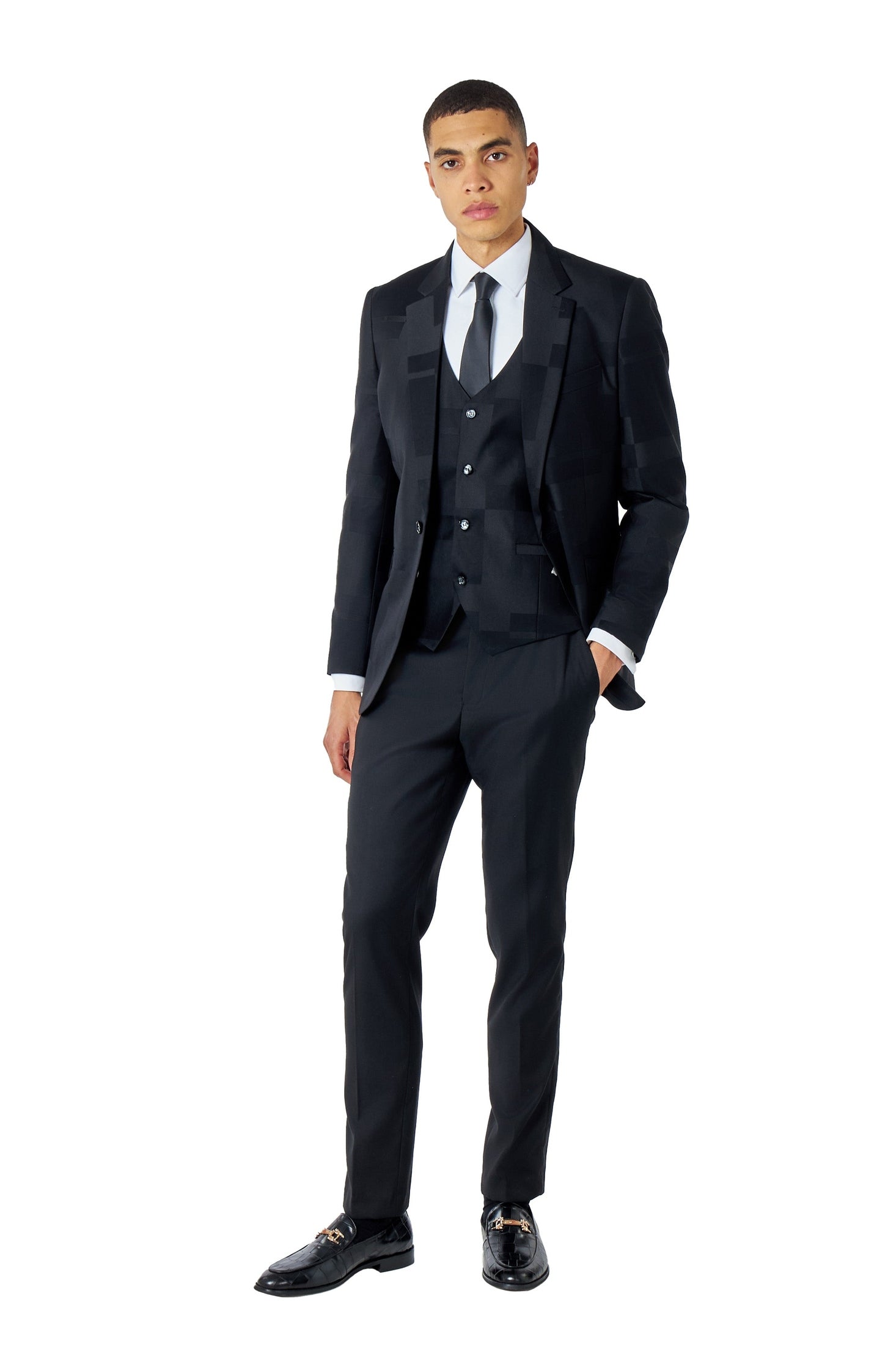GEO PATTERN DETAILED BLACK 3 PIECE SUIT