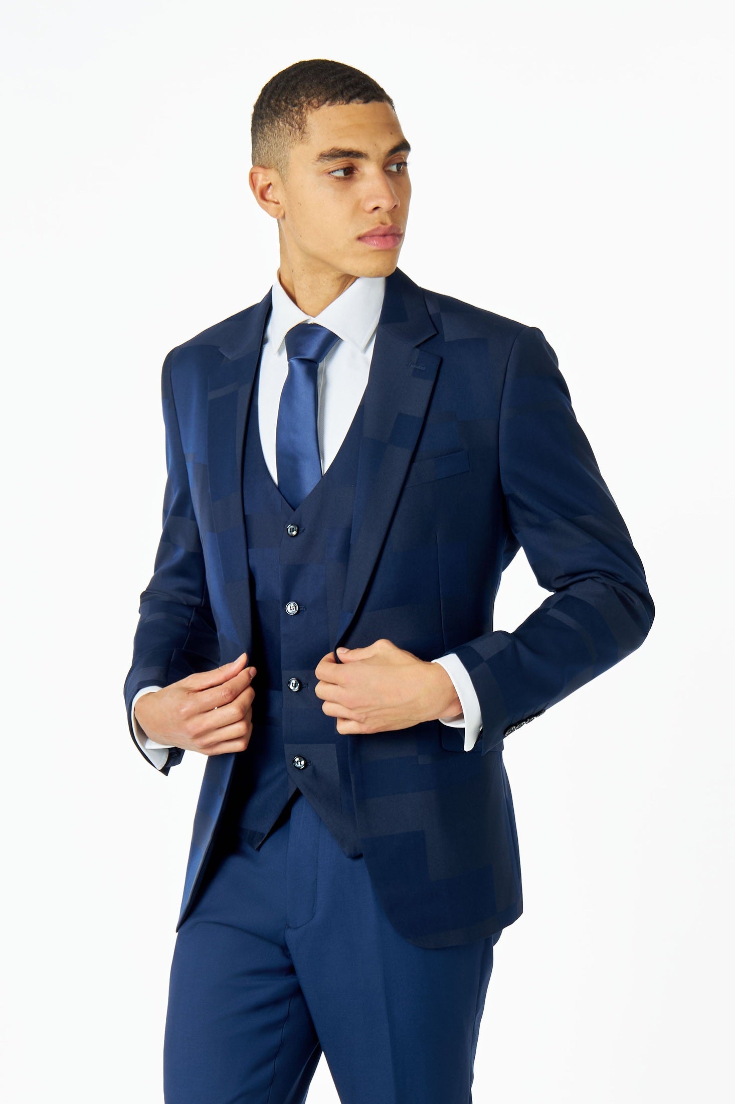 NAVY BLUE GEO PATTERN DETAILED SUIT JACKET