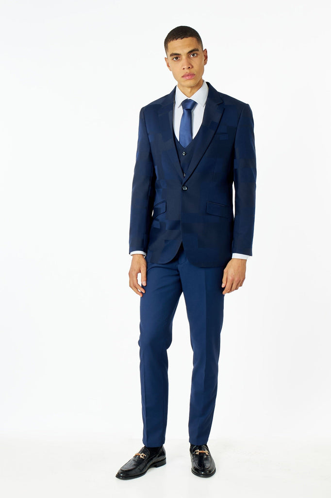 Mens Navy Blue 3 Piece Suit Geo Pattern Detailed – XPOSED