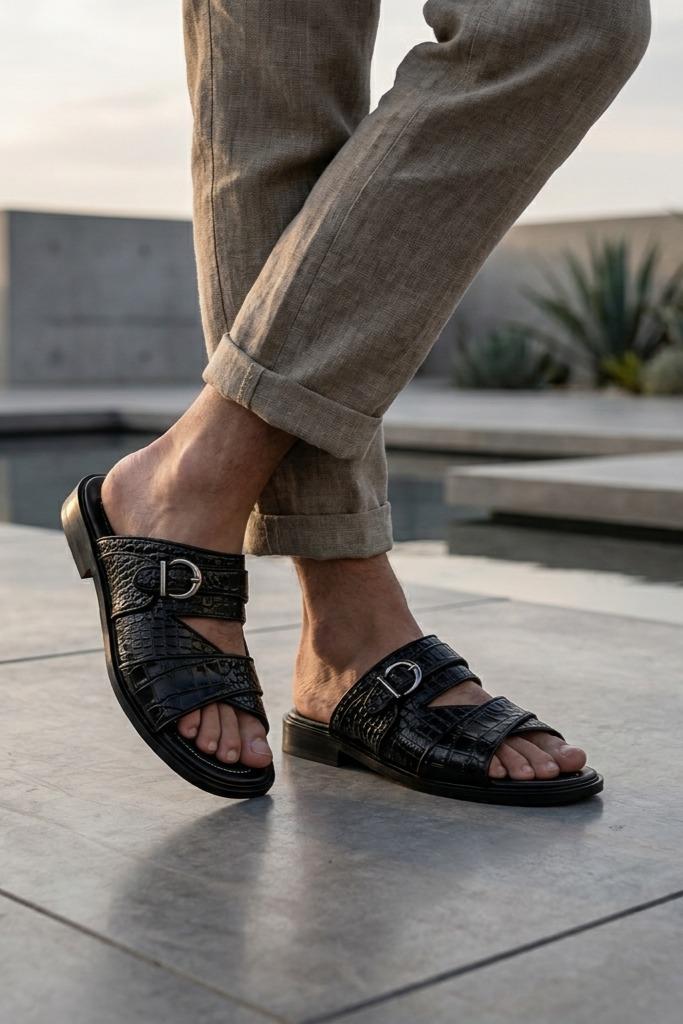 Men’s Ade 2 Black Handmade Real Leather Embossed Sandals