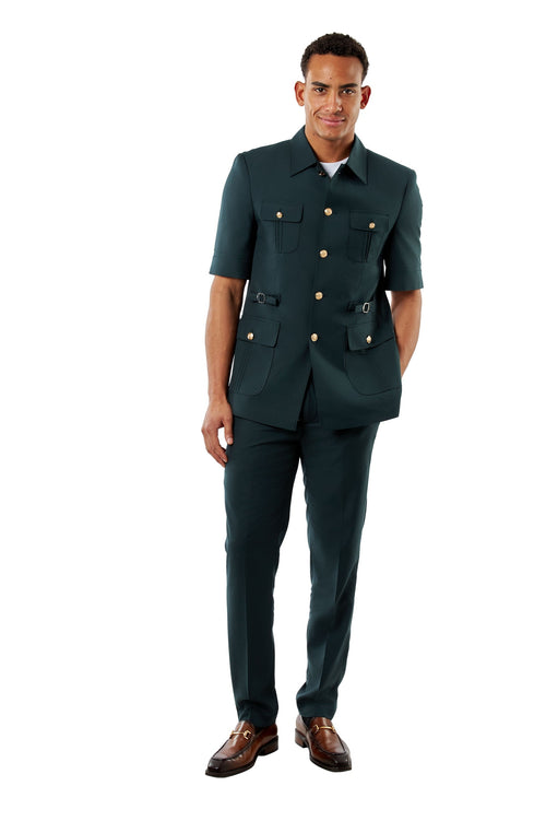 Deep Forest Green Safari Tailored 2 Piece Suit Short Sleeve