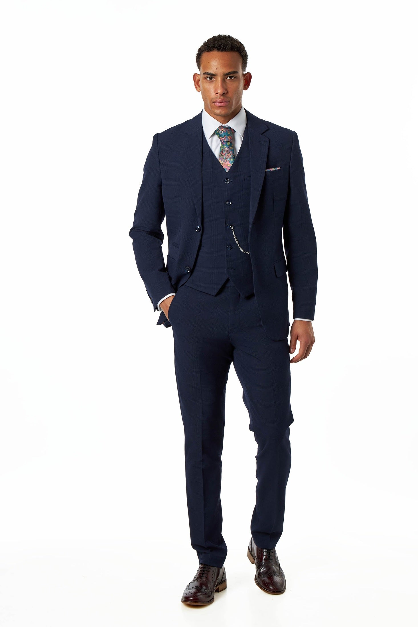 Navy Prince of Wales Check Tailored Fit 3-Piece Suit