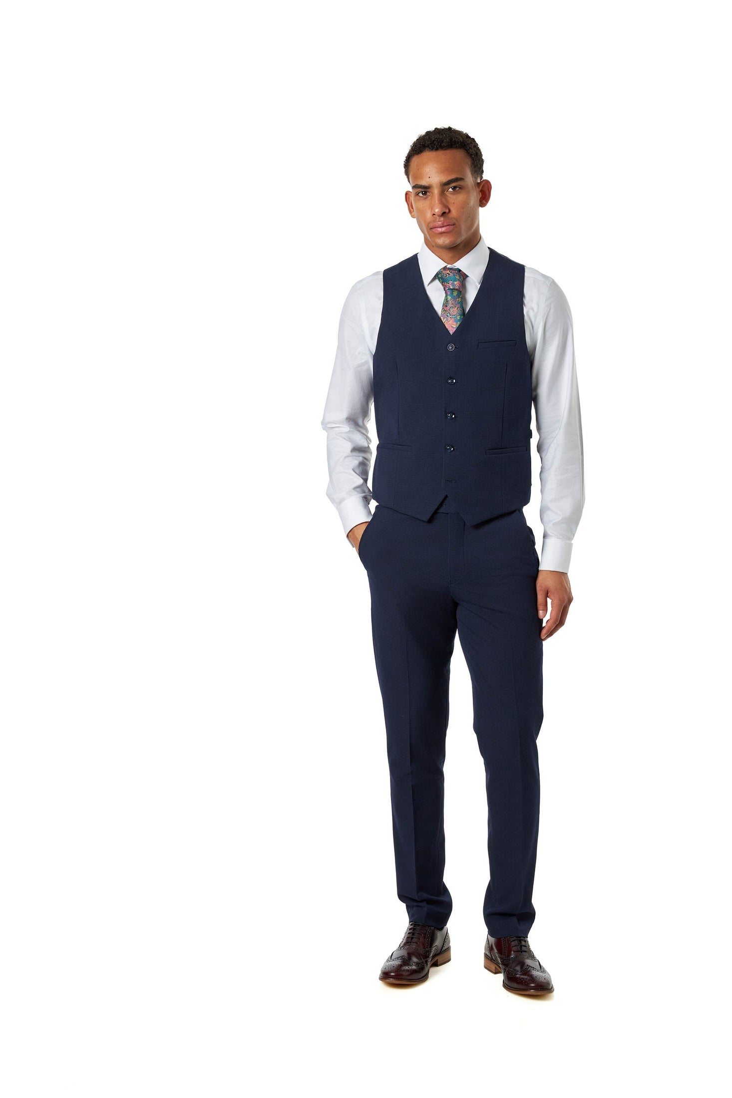 Navy Prince of Wales Check Tailored Fit Waistcoat