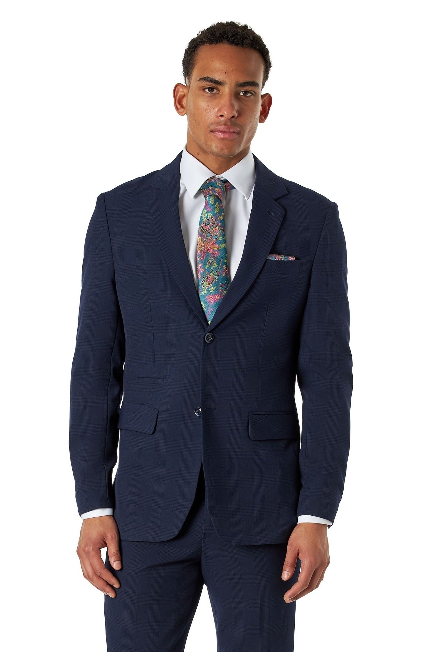 Navy Prince of Wales Check Tailored Fit Single-Breasted Suit Jacket