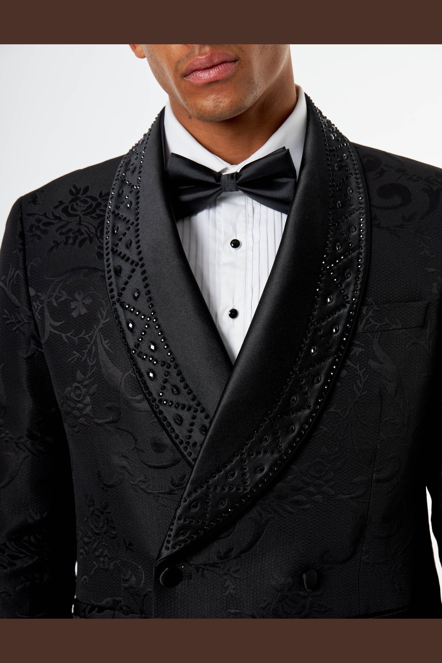 Black Double Breasted Tuxedo Jacket Studded Shawl Lapel Jacquard Blazer