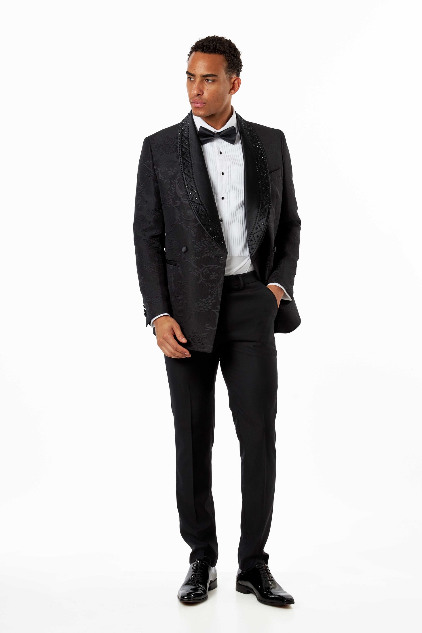 Black Jacquard Double-Breasted Tuxedo Wedding Suit