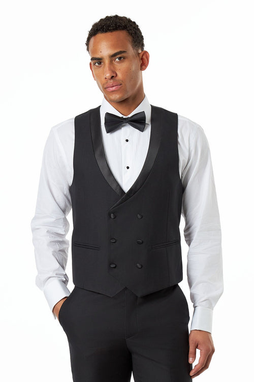 Black Double-Breasted Satin Trim Wedding Waistcoat