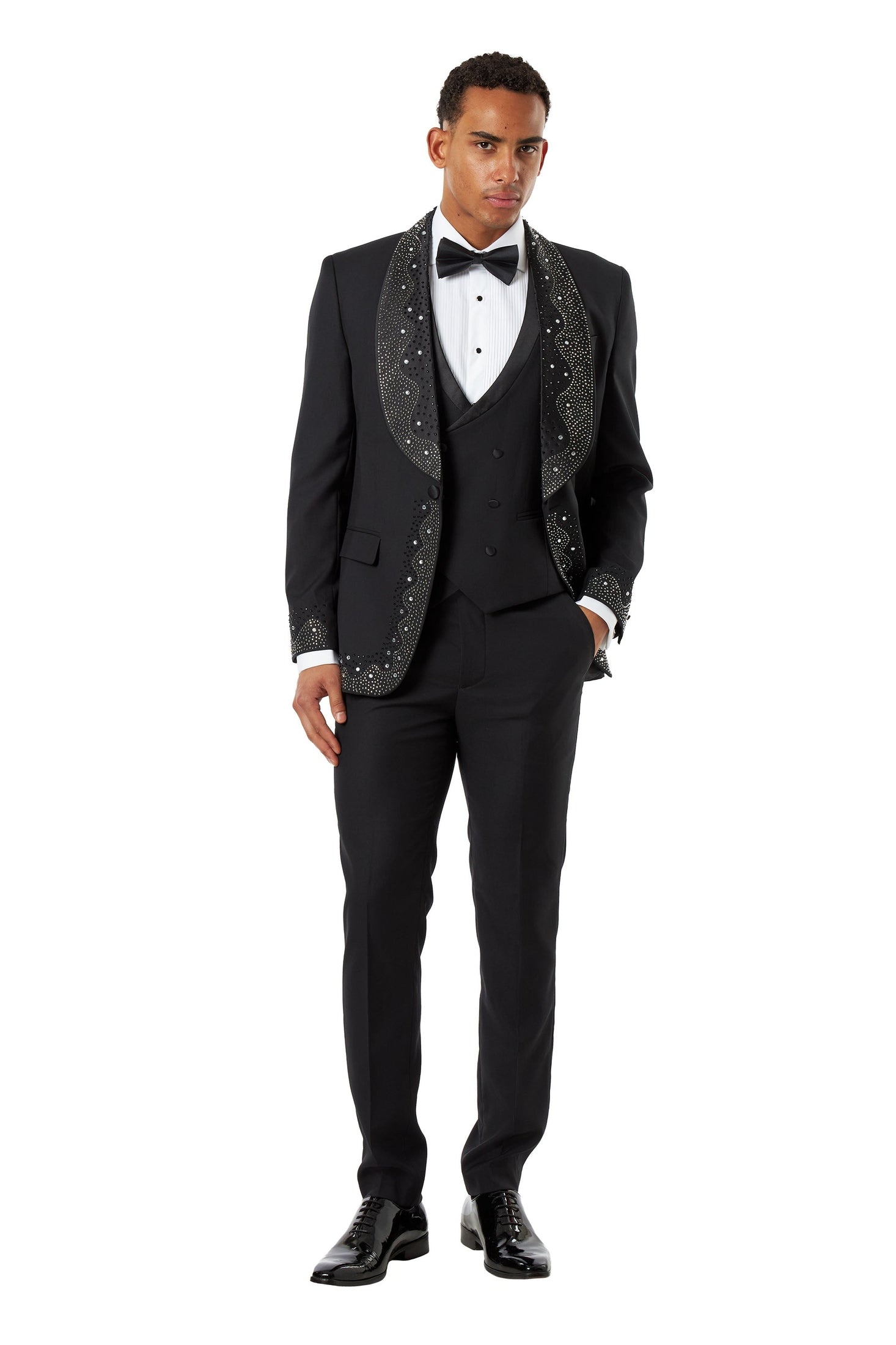 Black Tuxedo Wedding Jacket Rhinestone Lapel