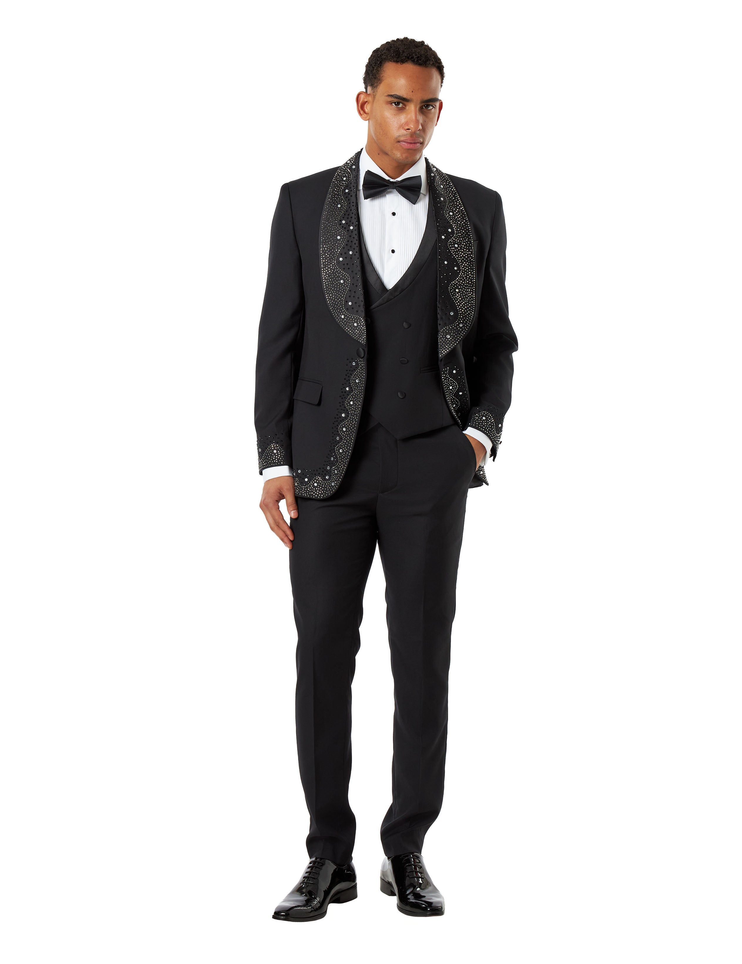 Black Rhinestone Shawl Lapel Tuxedo 3-Piece Wedding Suit