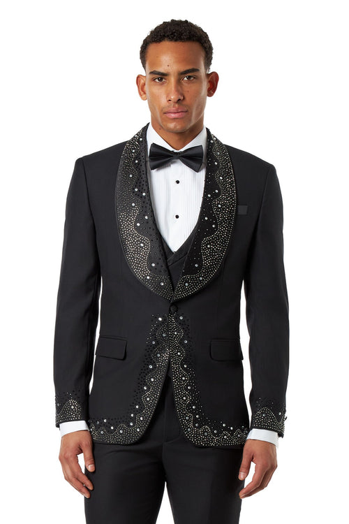 Black Tuxedo Wedding Jacket Rhinestone Lapel