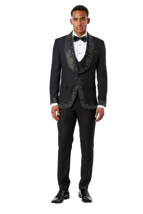 Black Rhinestone Shawl Lapel Tuxedo 3-Piece Wedding Suit