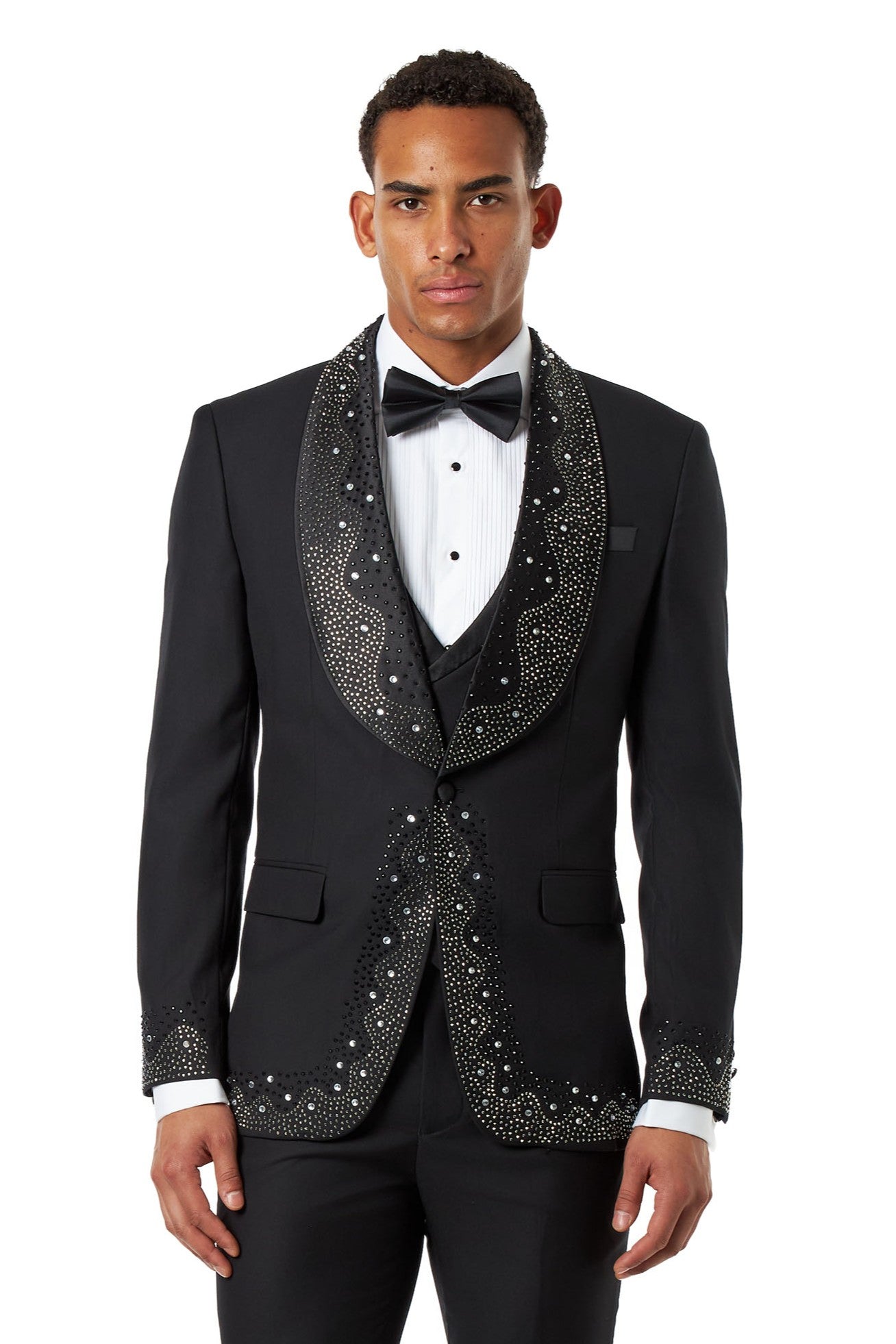 Black Rhinestone Shawl Lapel Tuxedo 3-Piece Wedding Suit