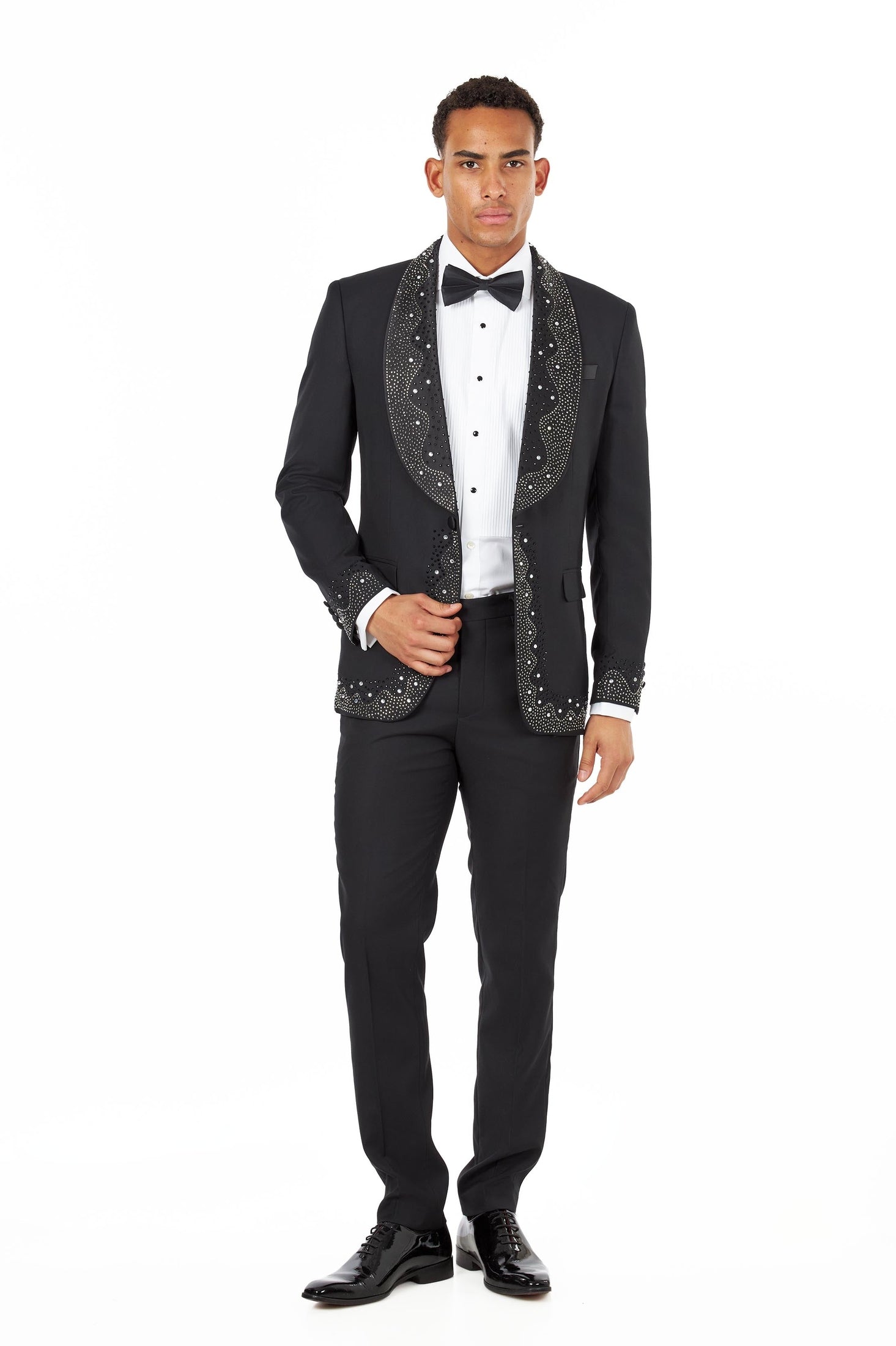 Black Tuxedo Wedding Jacket Rhinestone Lapel