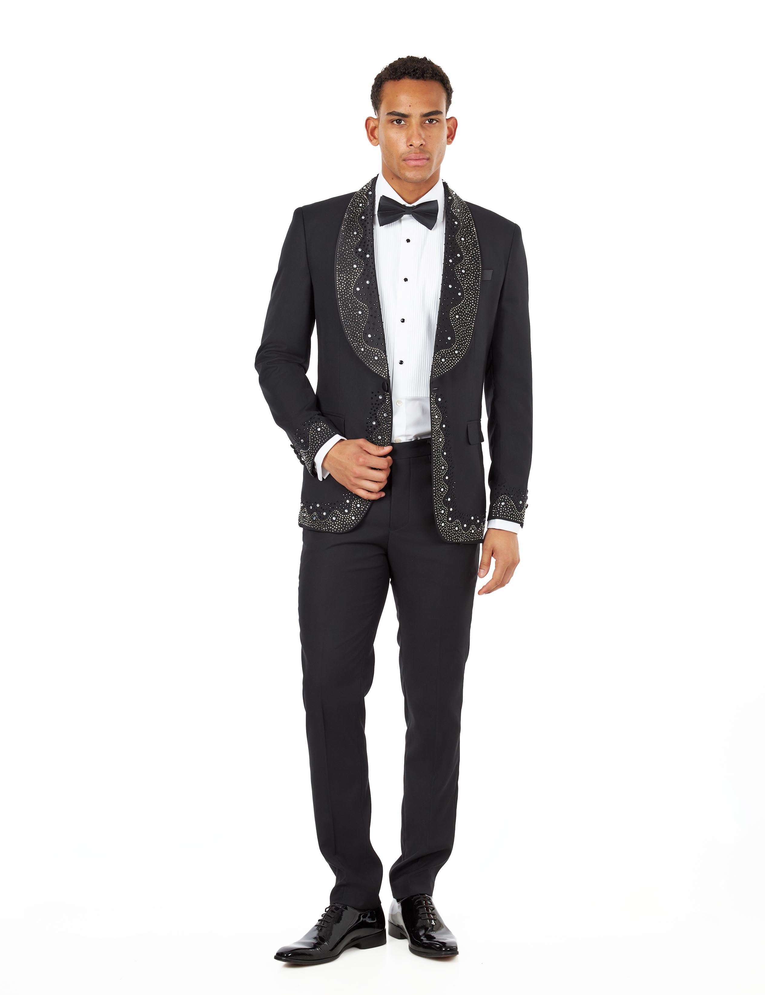 Black Rhinestone Shawl Lapel Tuxedo 3-Piece Wedding Suit
