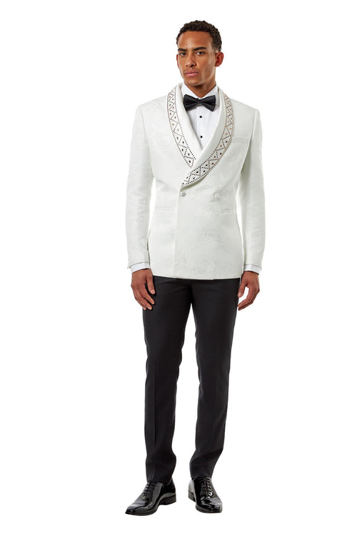 White Jacquard Double-Breasted Tuxedo Wedding Suit