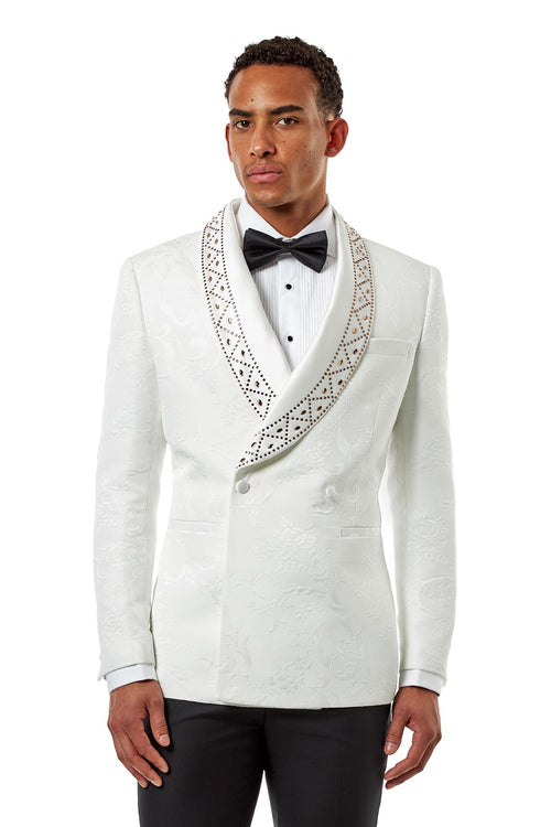 White Double Breasted Tuxedo Jacket Studded Shawl Lapel Jacquard Blazer