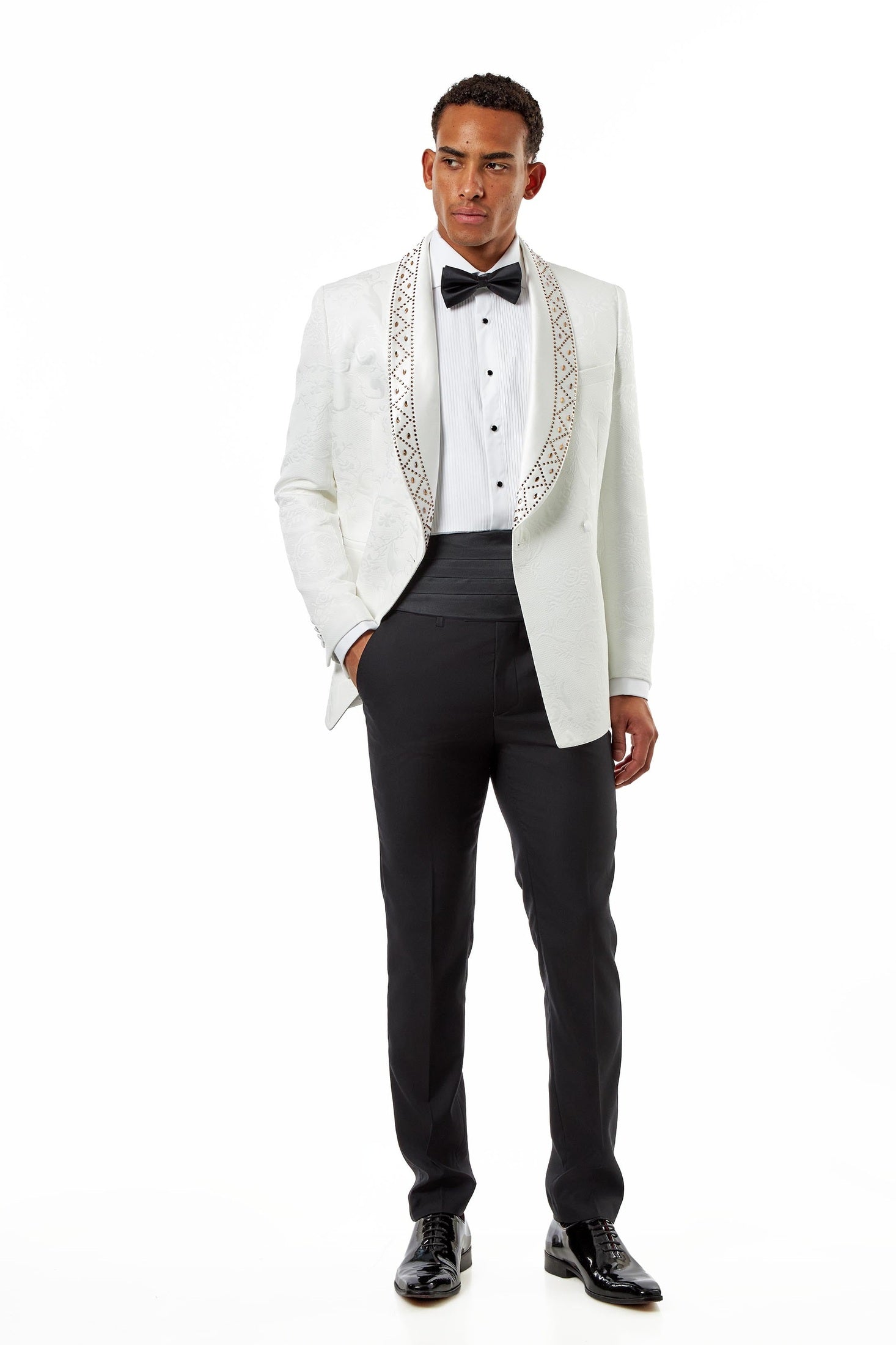 White Double Breasted Tuxedo Jacket Studded Shawl Lapel Jacquard Blazer