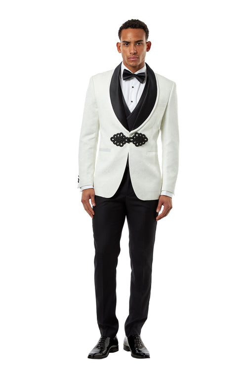 Ivory & Black Jacquard 3-Piece Wedding Tuxedo Suit