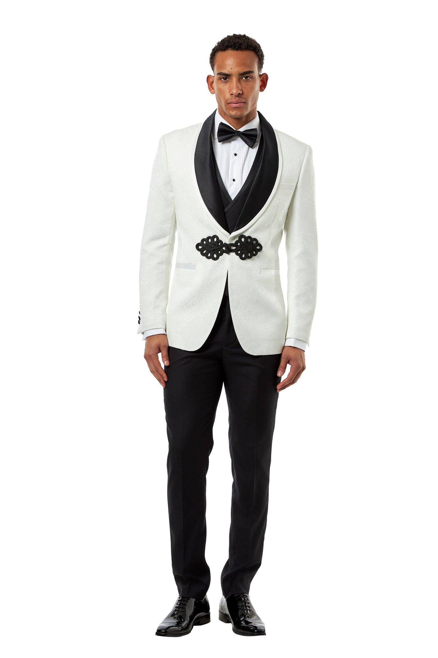 Ivory & Black Jacquard 2 Piece Wedding Tuxedo Suit