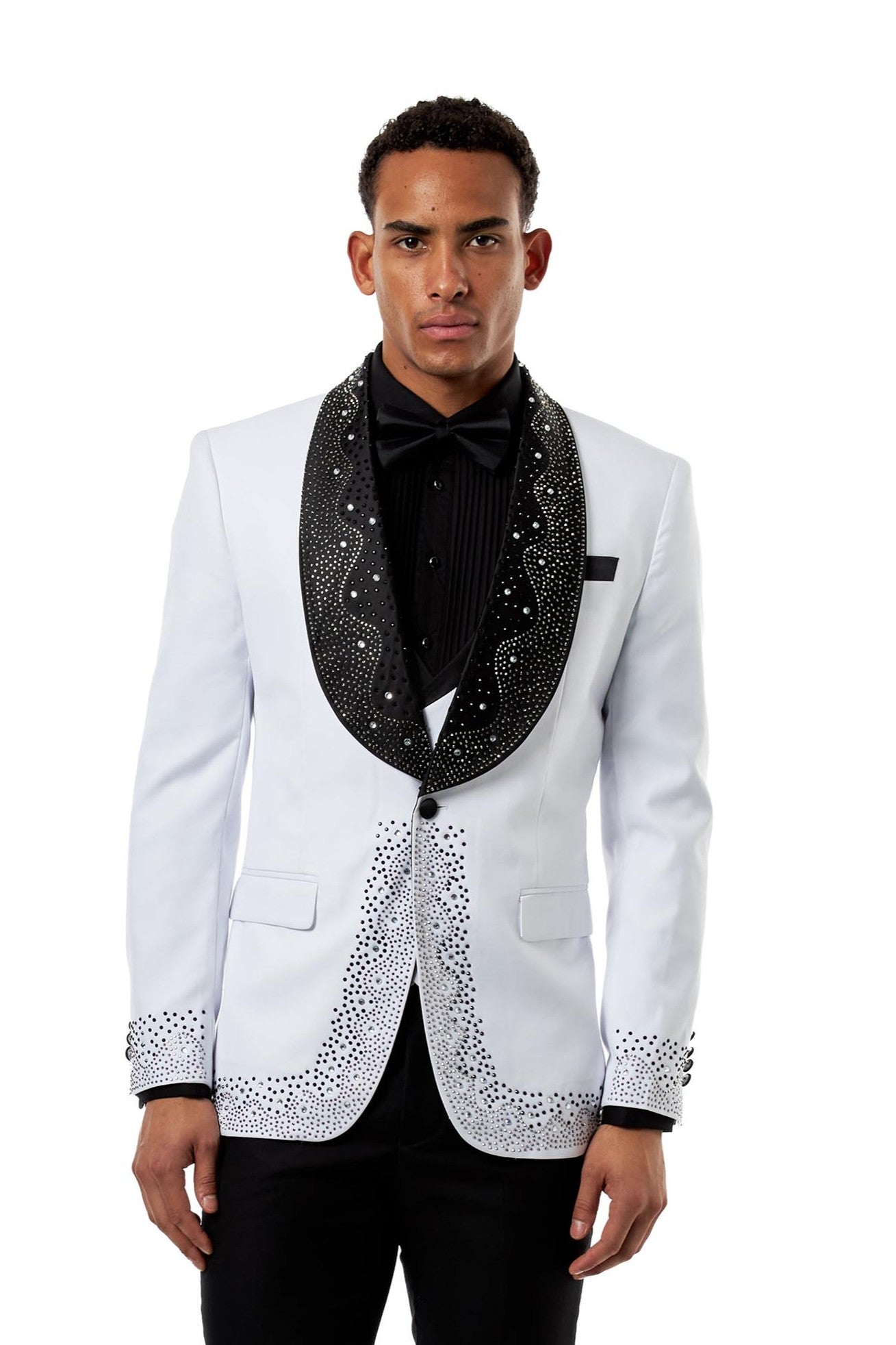 White Rhinestone Shawl Lapel Tuxedo 3-Piece Wedding Suit