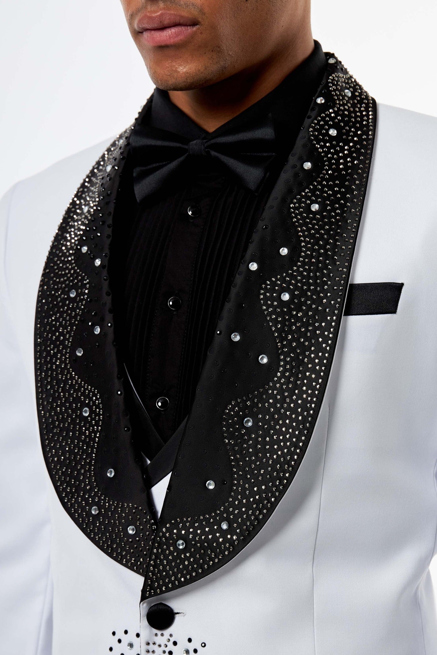 White Tuxedo Wedding Jacket Rhinestone Lapel